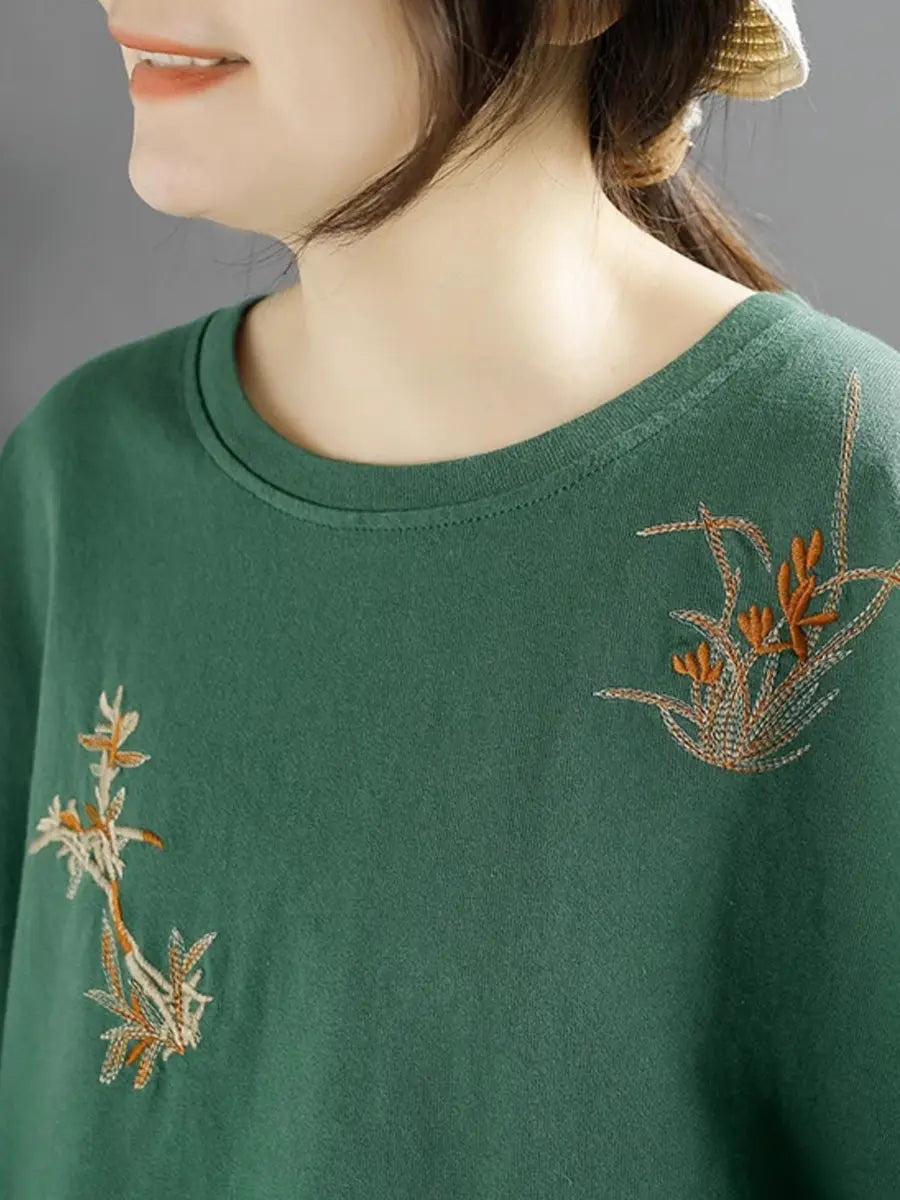 Women Spring Vintage Flower Embroidery O-Neck Shirt Ada Fashion