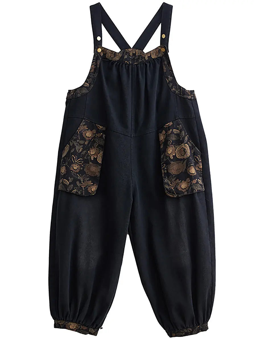Women Vintage Floral Spliced Winter Denim Jumpsuits Ada Fashion