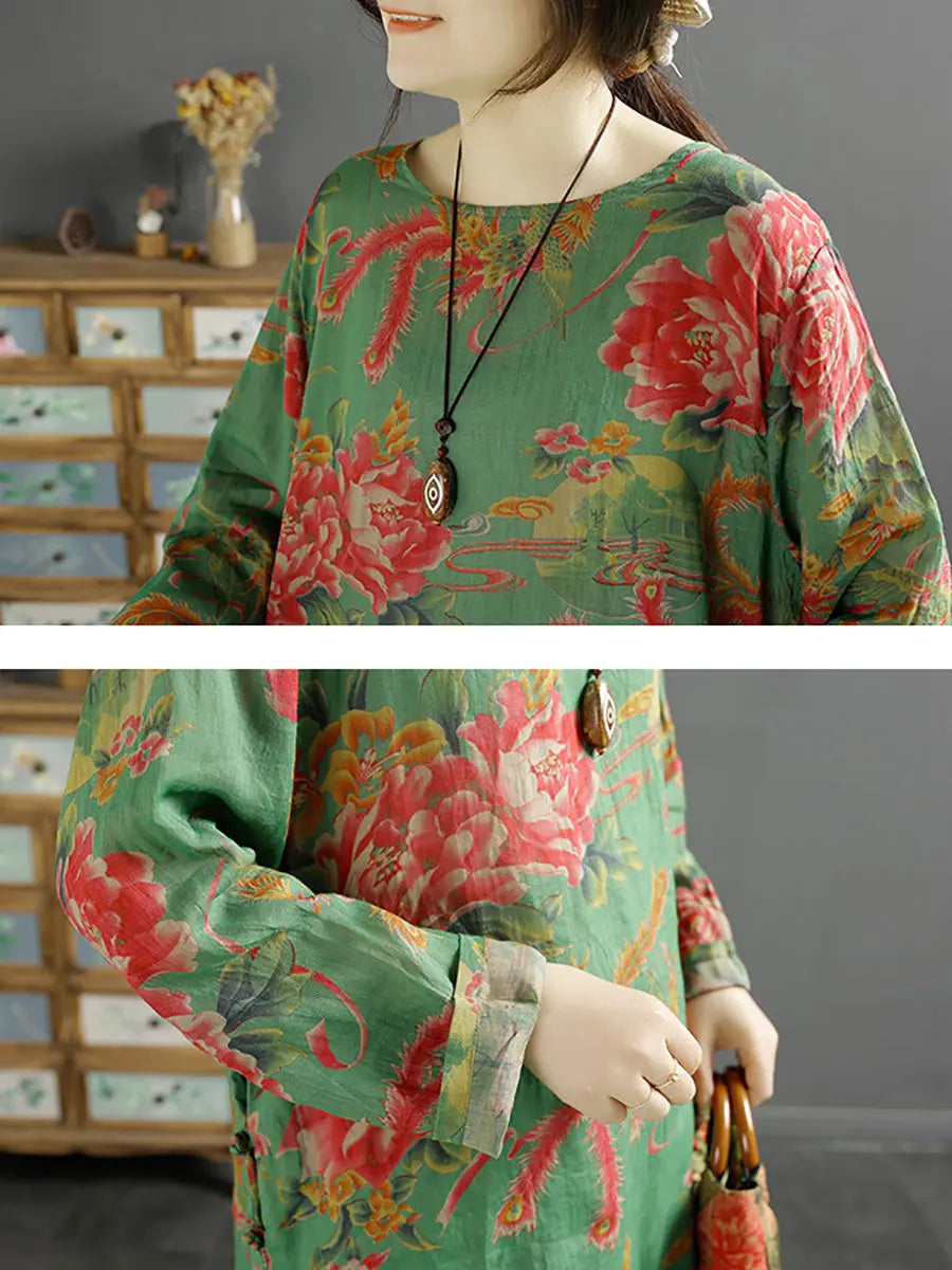 Women Vintage Flower Spring O-Neck Ramie Shirt Ada Fashion