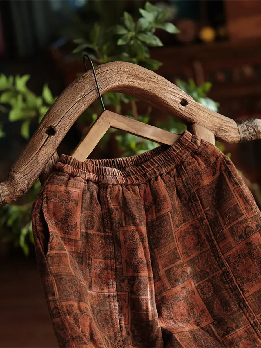 Women Vintage Print Winter 100%Cotton Padded Pants Ada Fashion