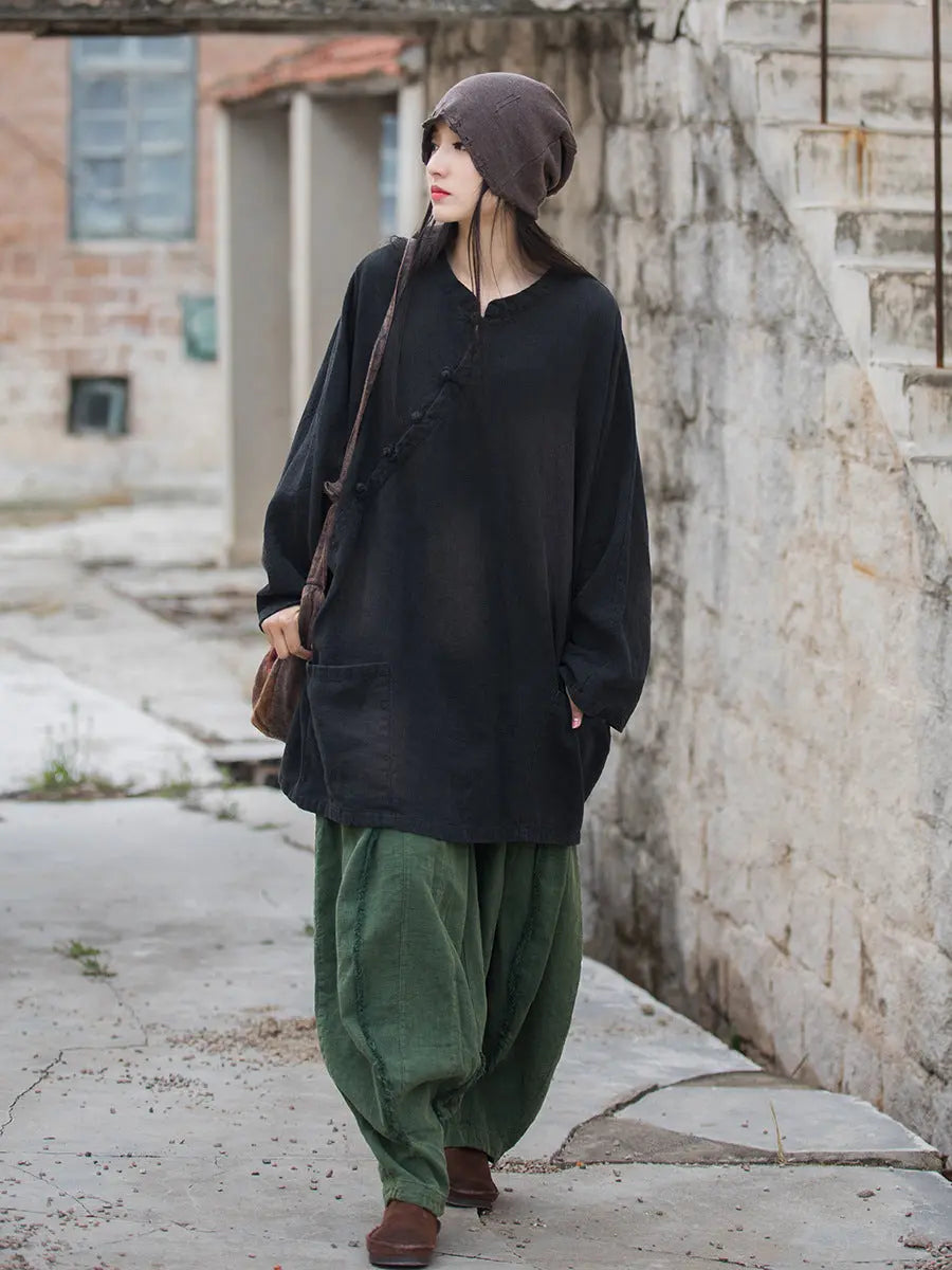 Women Vintage Solid Ramie Slant-Closure Long Shirt Ada Fashion