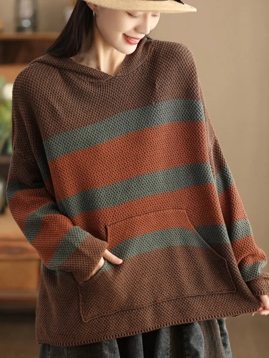 Women Vintage Spliced Knitted Pocket Hooded Sweater Ada Fashion