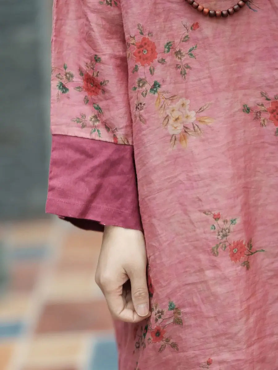 Women Vintage Spring Floral Spliced Ramie Robe Dress Ada Fashion