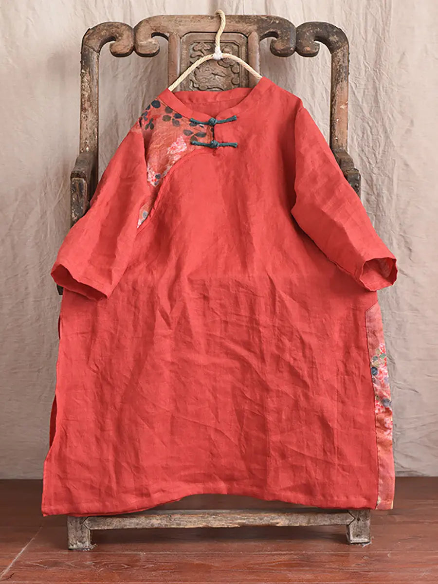 Women Vintage Spring Spliced Ramie Robe Dress Ada Fashion