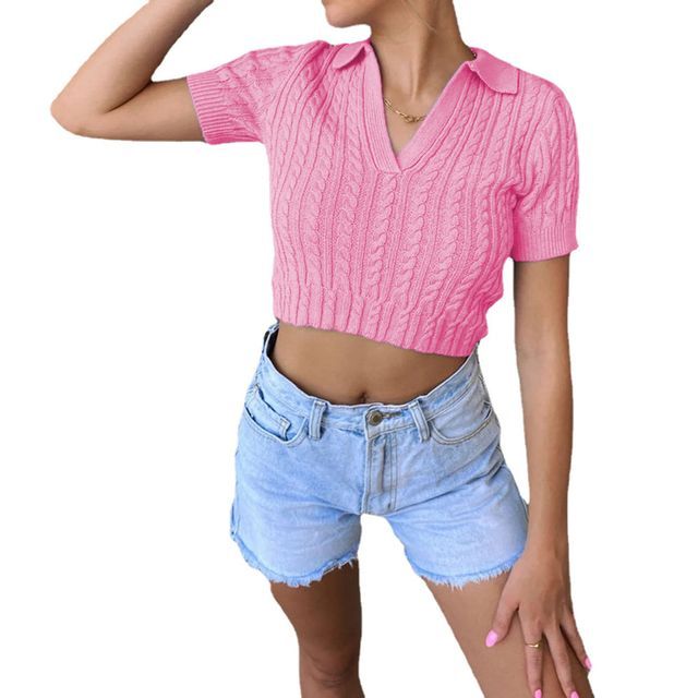 Short-Sleeve Crop Polo Knit Top YR4068