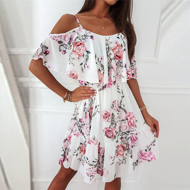Schulterfreies Mini-A-Linien-Kleid mit Blumenmuster YS10024