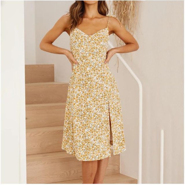 Robe fendue à imprimé floral et bretelles spaghetti vb59