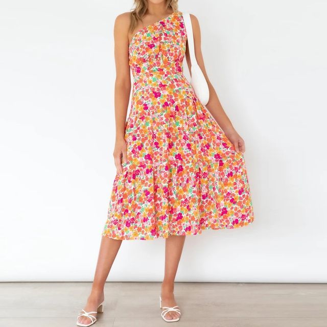 Robe d'été mi-longue sans manches à imprimé floral et à une épaule vb40