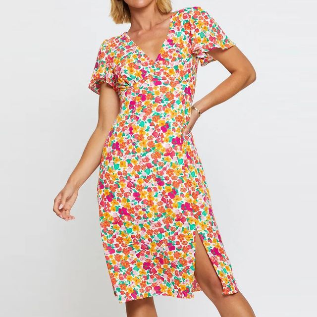 Short-Sleeve Floral Print Sheath Dress vb69