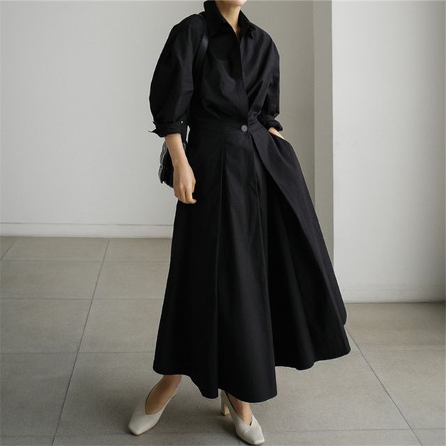 V-Neck Long-Sleeve Midi A-Line Dress AO3018