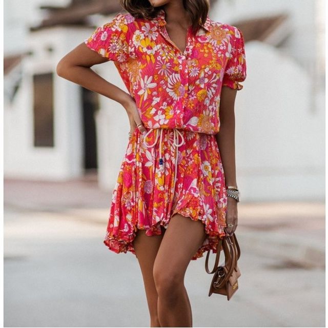 Short-Sleeve Floral Mini Shirt Dress YS10015
