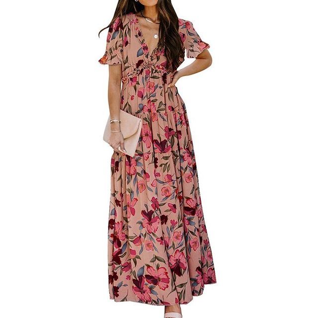 Robe longue trapèze fleurie à manches courtes CG6