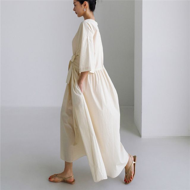 3/4-Sleeve Tie-Waist Midi A-Line Dress AO3017