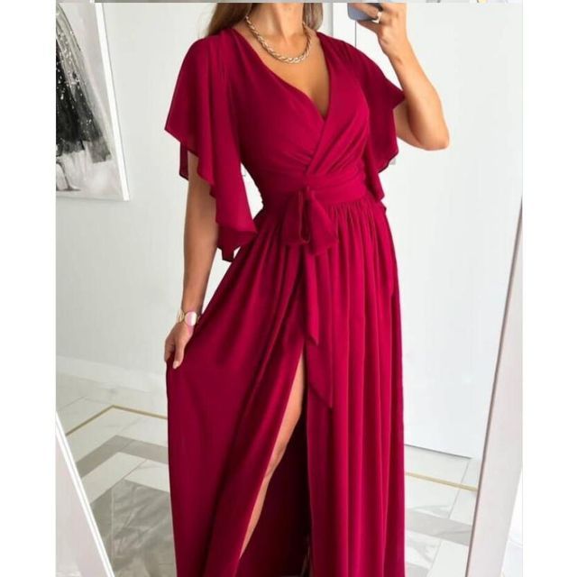 Kurzärmliges Maxi-A-Linien-Kleid mit V-Ausschnitt und Schlitz YS1005