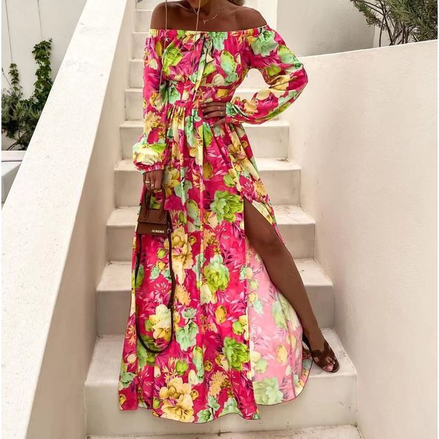 Off-Shoulder Floral Print Midi A-Line Dress YS10018