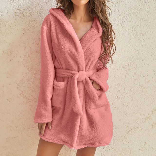 Plain Tie-Waist Fleece Pajama Robe vb54