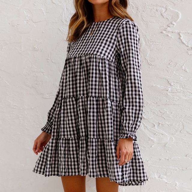 Long-Sleeve Gingham Mini Smock Dress vb52