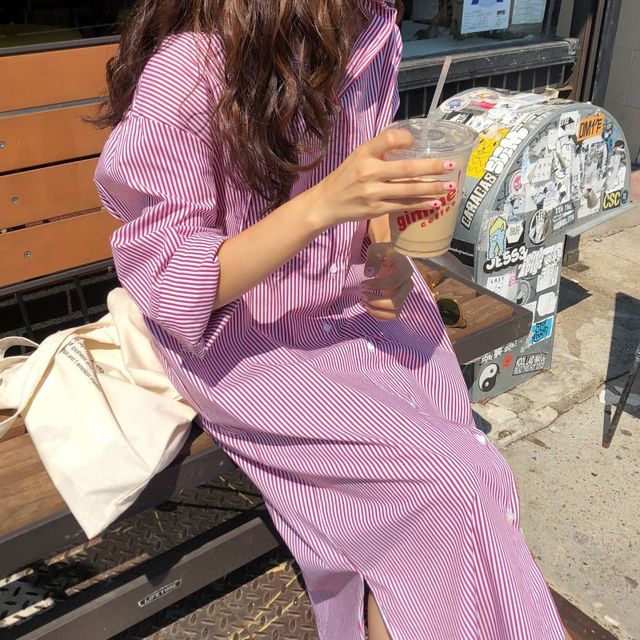 Robe chemise mi-longue à rayures et manches longues AO606