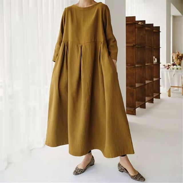3/4-Sleeve Plain Maxi Smock Dress AO609