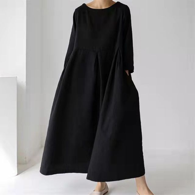 3/4-Sleeve Plain Maxi Smock Dress AO609