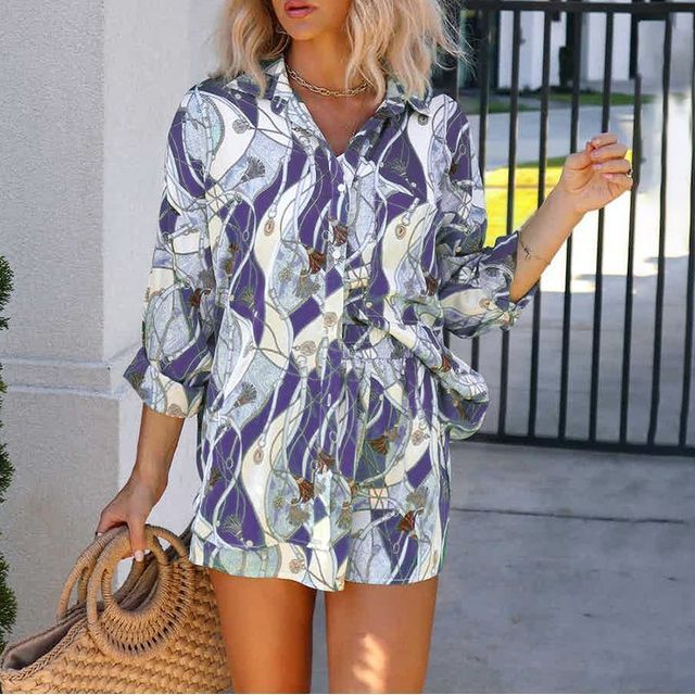 Set: Long-Sleeve Print Shirt + Loose Fit Shorts CA36