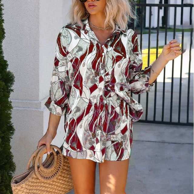 Set: Long-Sleeve Print Shirt + Loose Fit Shorts CA36