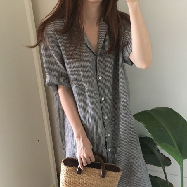 Elbow-Sleeve Striped Midi Shirt Dress AO6034