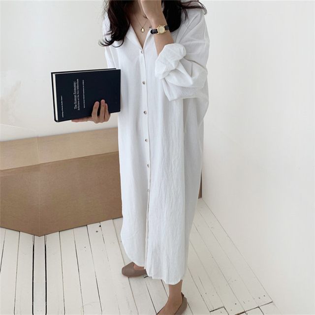 Long-Sleeve Linen Plain Midi Shirt Dress AO6035