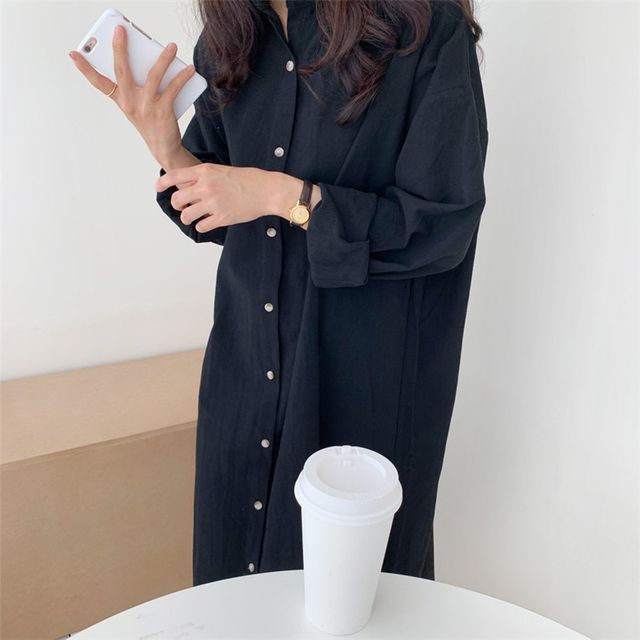 Long-Sleeve Linen Plain Midi Shirt Dress AO6035