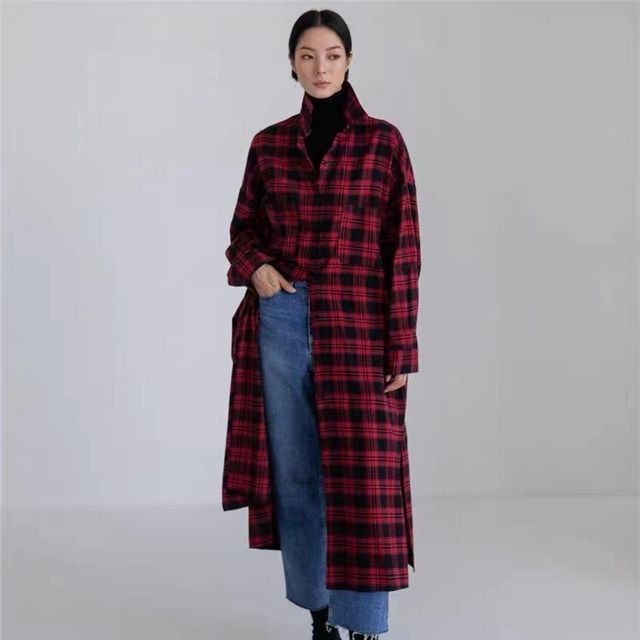 Long-Sleeve Plaid Maxi Shirt Dress AO6033