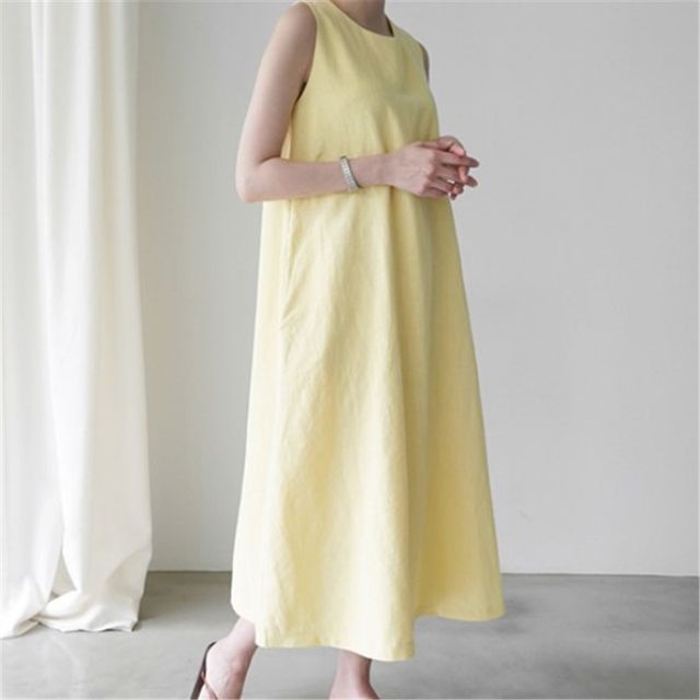 Sleeveless Crew Neck Plain Midi Smock Dress AH442