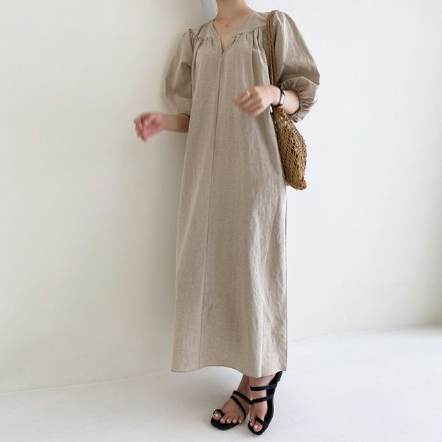 Puff-Sleeve Notch Neck Plain Midi Smock Dress AO6023