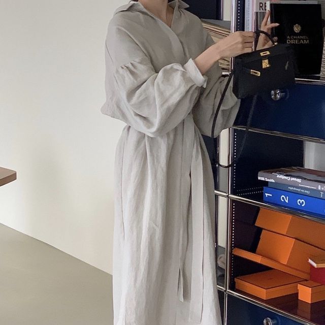 Robe chemise mi-longue oversize unie à manches bouffantes AO601