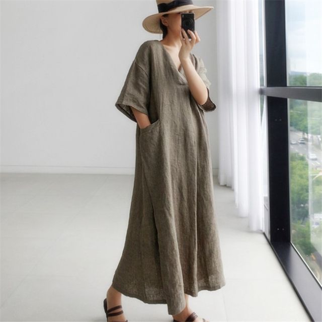 Elbow-Sleeve Collar Plain Maxi Smock Dress AO602
