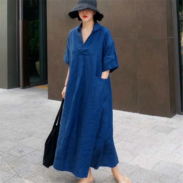 Elbow-Sleeve Collar Plain Maxi Smock Dress AO602