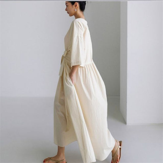 Maxi-Kittelkleid mit ausgestellten Ärmeln, Rundhalsausschnitt, Bindegürtel in der Taille AH423