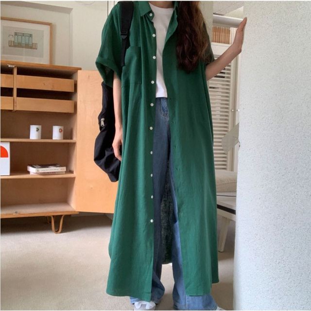 Short-Sleeve Plain Maxi Oversized Shirt Dress AO6011