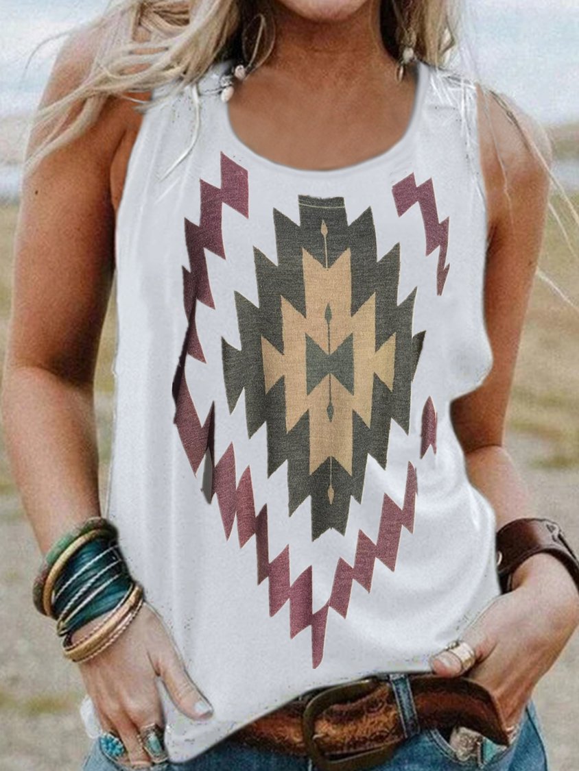 Vintage Sleeveless Boho Geometric Printed Crew Neck Plus Size Casual Vest Tops AT100166