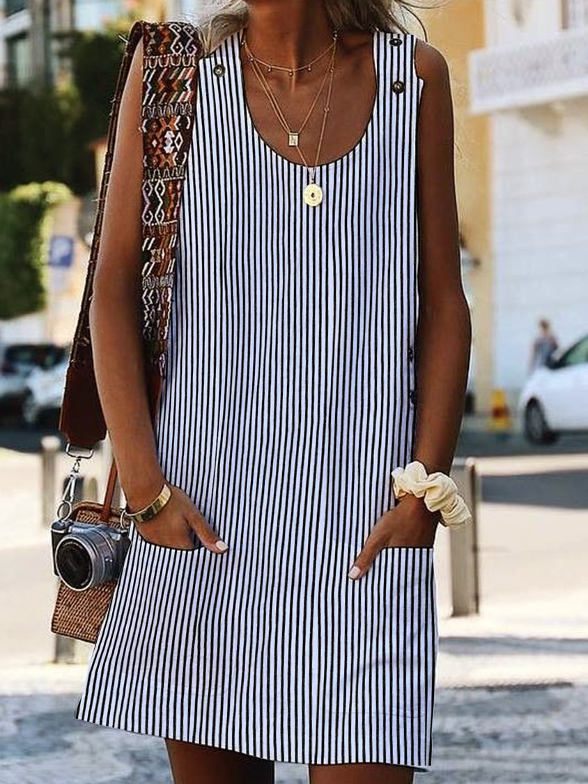 Crew Neck Women Dress Shift Daily Boho Pockets Striped Dress EE12