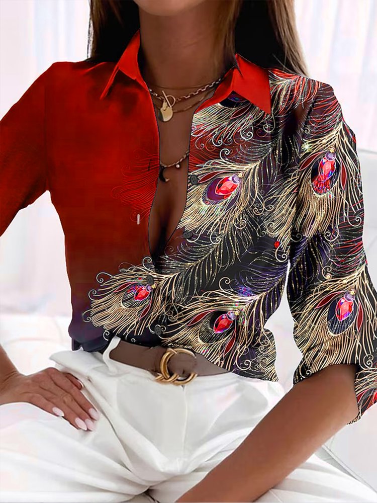 Casual Shirt Collar Feather Pattern Blouse WZ83
