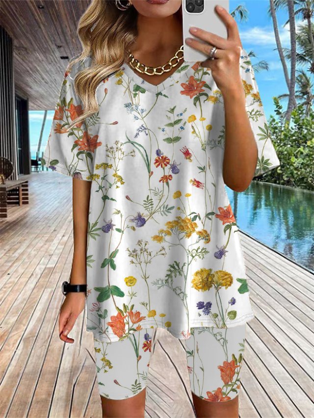 V Neck Cotton Casual Loose Two-Piece Set  QF93