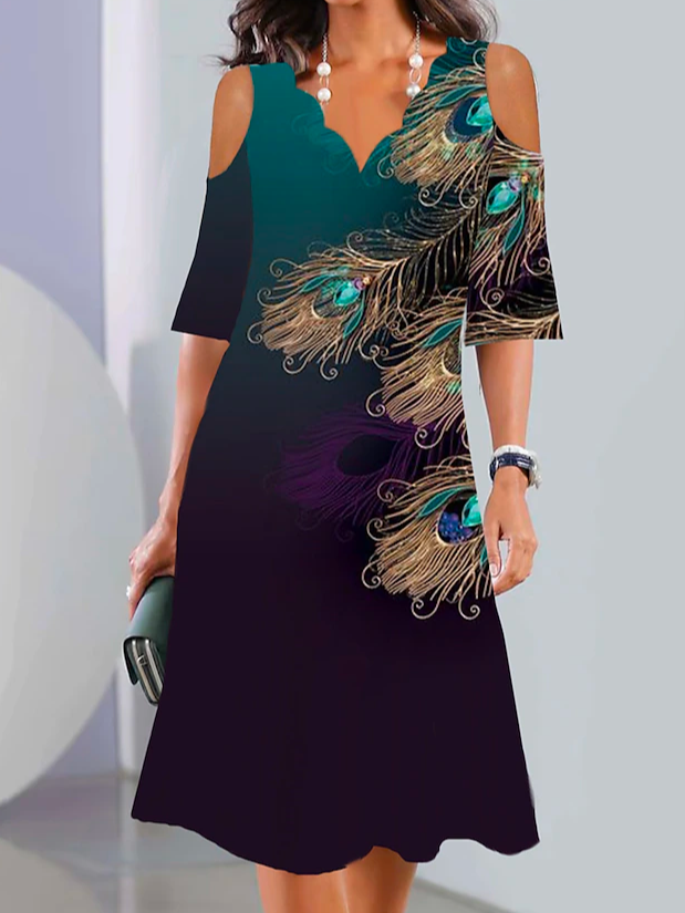 Feather Pattern Loose V Neck Elegant Dress WC66