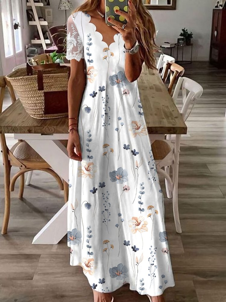 Robe décontractée en dentelle florale à col en V QM69