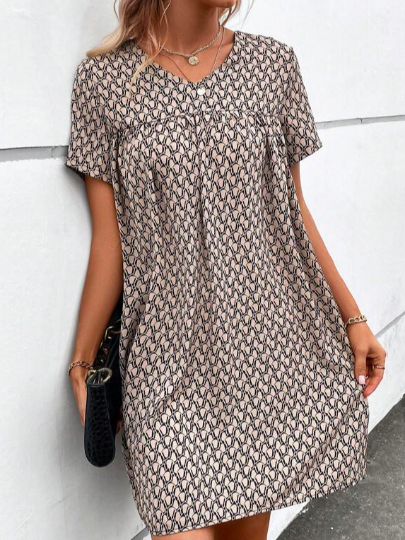 Geometric Elegant Cotton V Neck Allover Print V Neck Smock Dress WC115