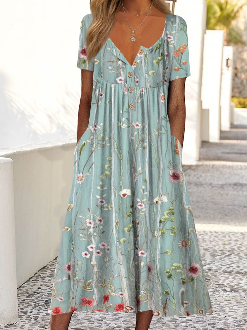 Gradient Flower Loose Long Dress Half Open Button Pocket Dress AH314