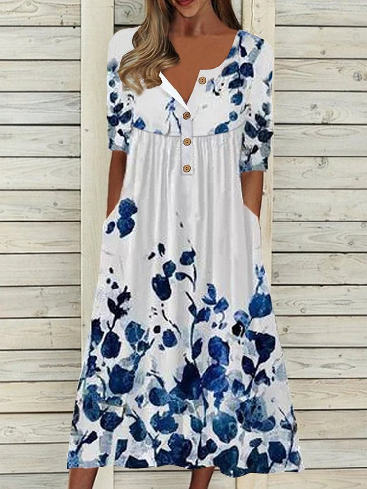 Crew Neck Button Floral Vacation Midi Dress WO79