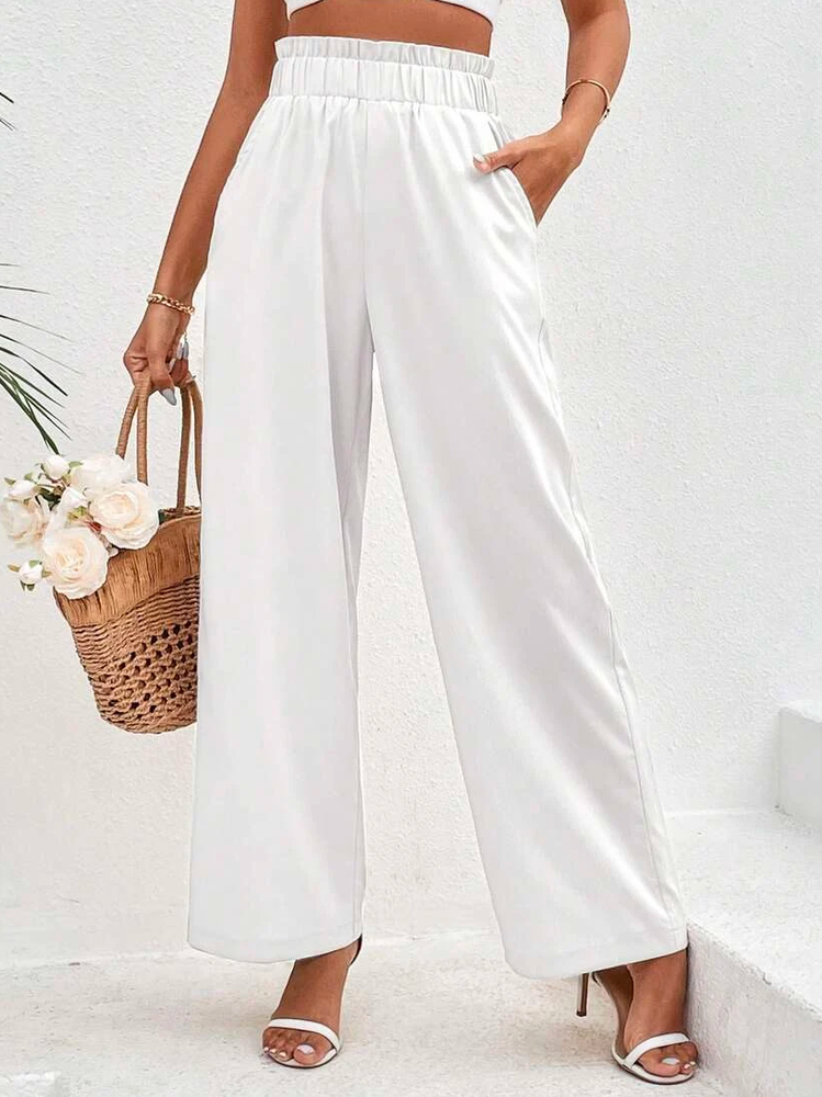Cotton Casual Plain Paperbag Waist Wide Leg Pants WX96