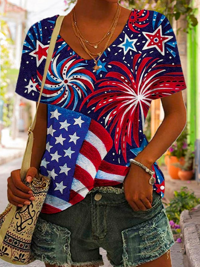 Casual America Flag Loose Independence Day V Neck T-Shirt WS109