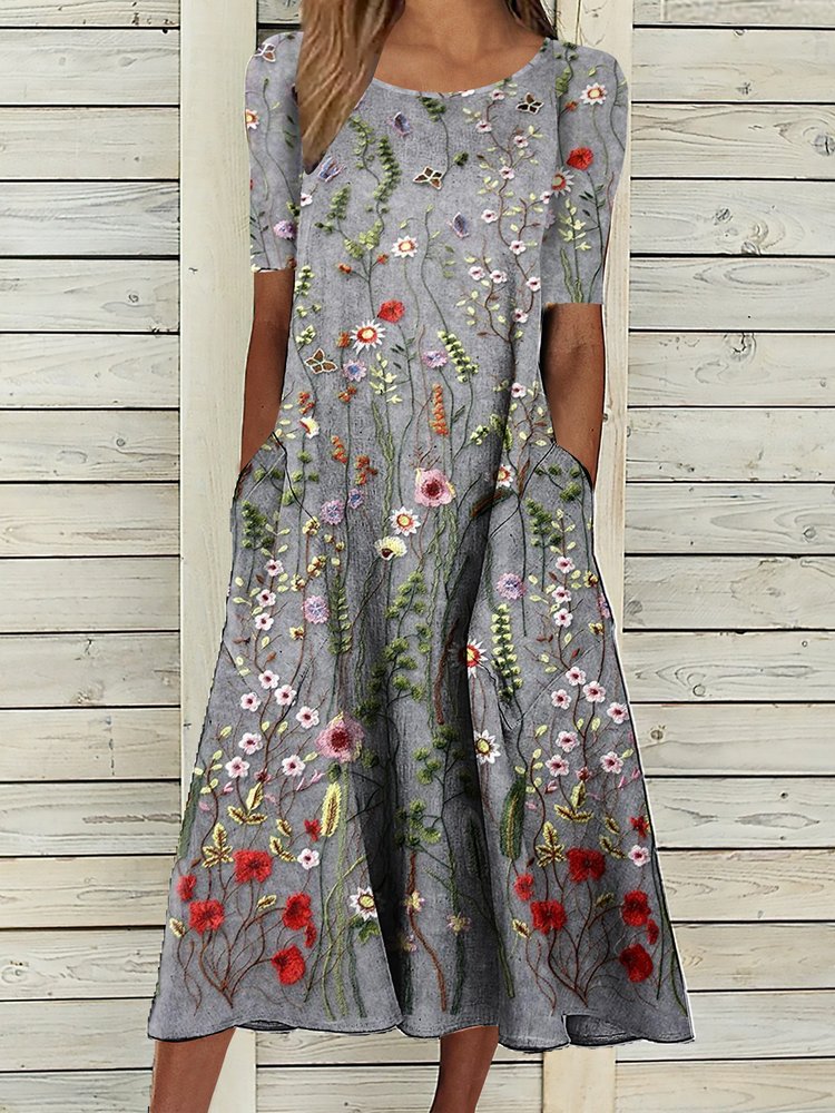 Loose Casual Printing Crew Neck Dress QU87