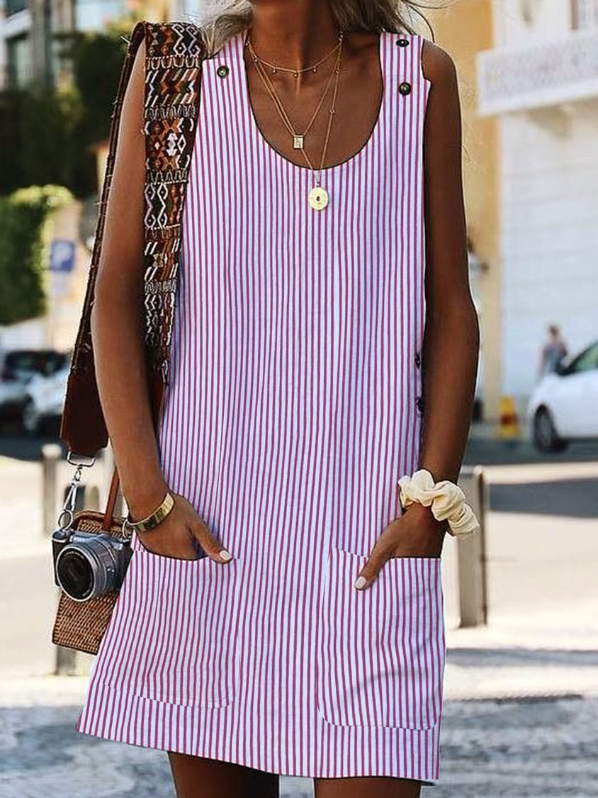 Crew Neck Women Dress Shift Daily Boho Pockets Striped Dress EE12